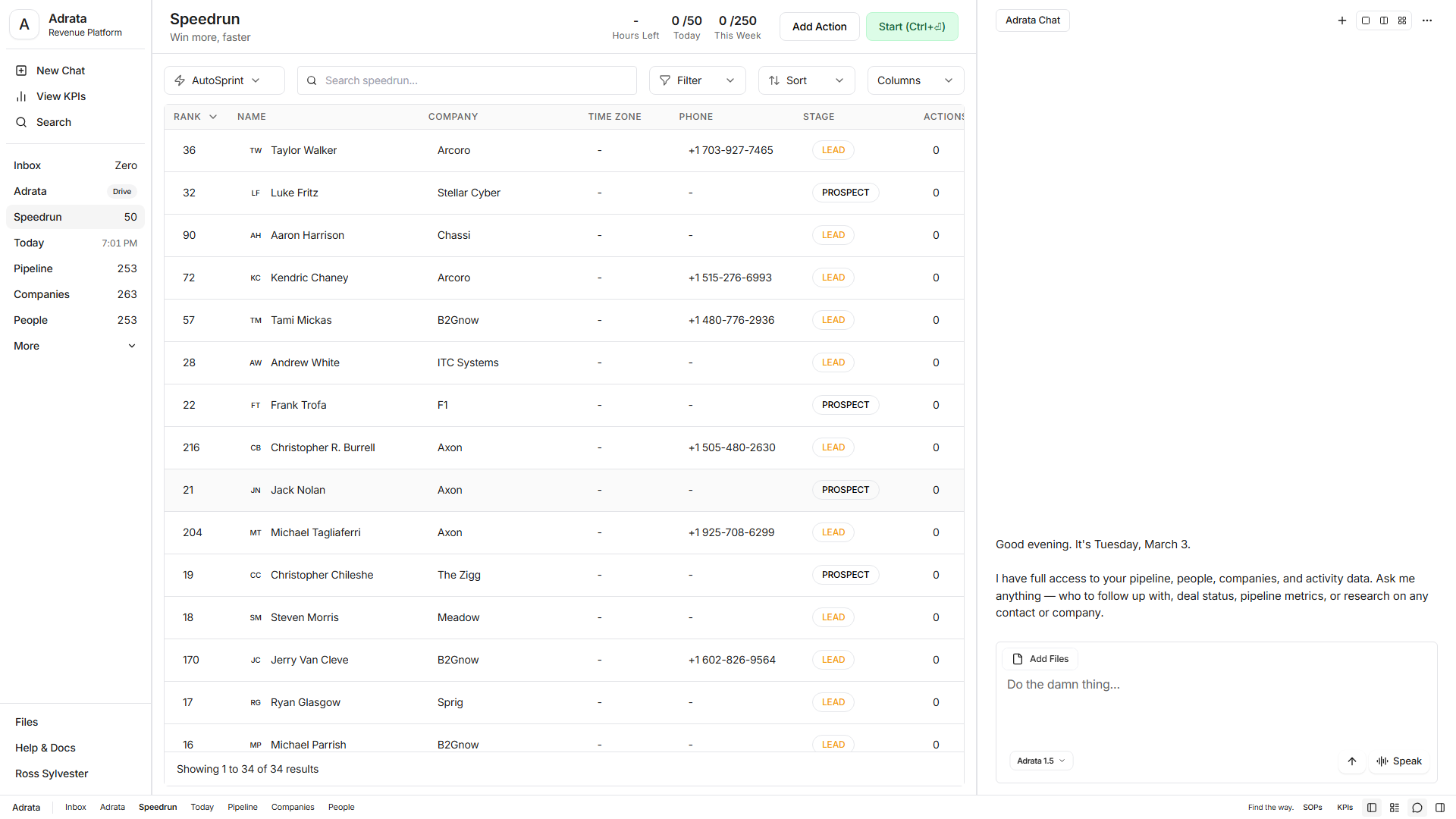 Adrata platform — Speedrun lead scoring view with AI chat